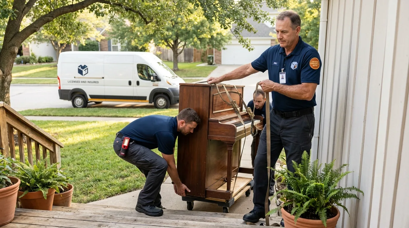 Licensed piano movers securing grand piano in Cayey, PR