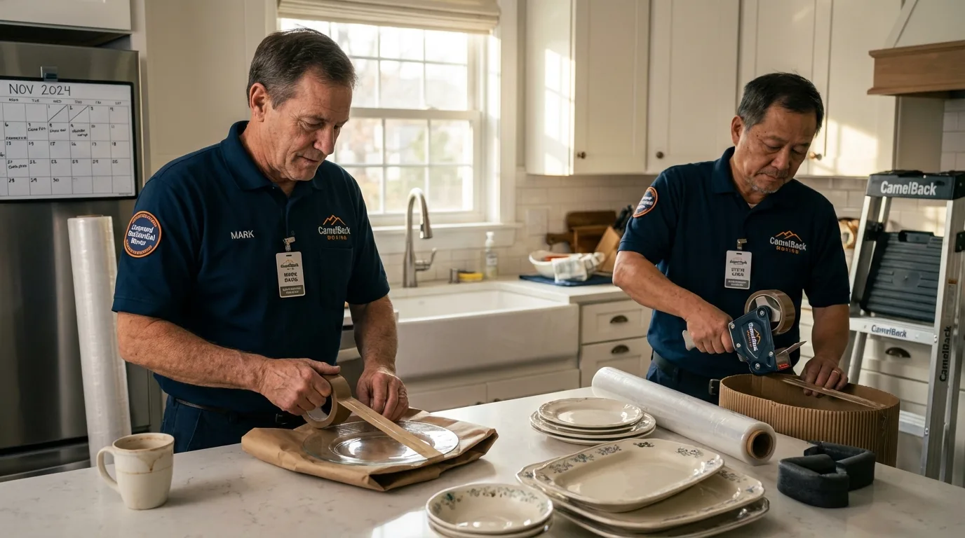 Professional crew packing kitchen dishware in Cayey, PR